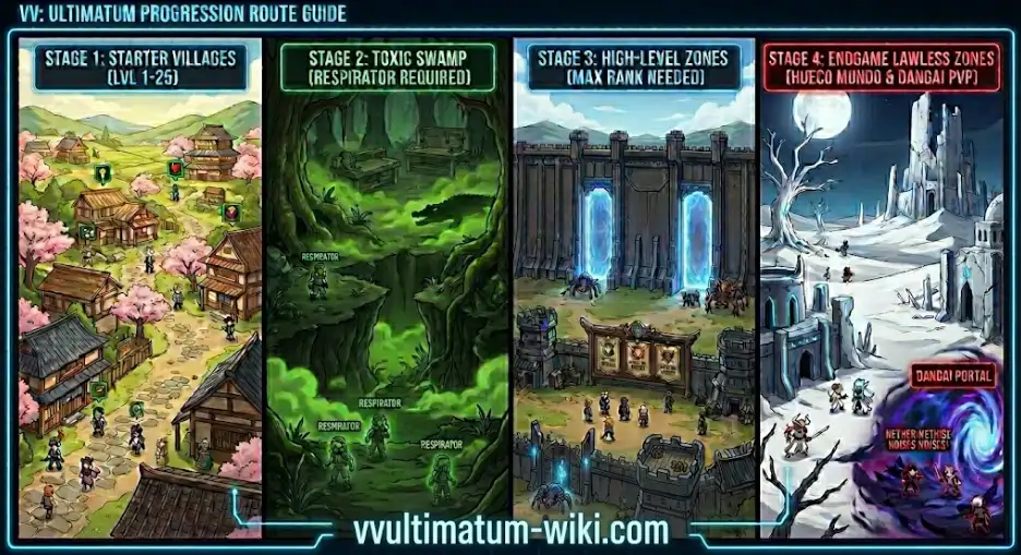 VV Ultimatum progression route guide showing four map stages from starter villages to endgame lawless zones